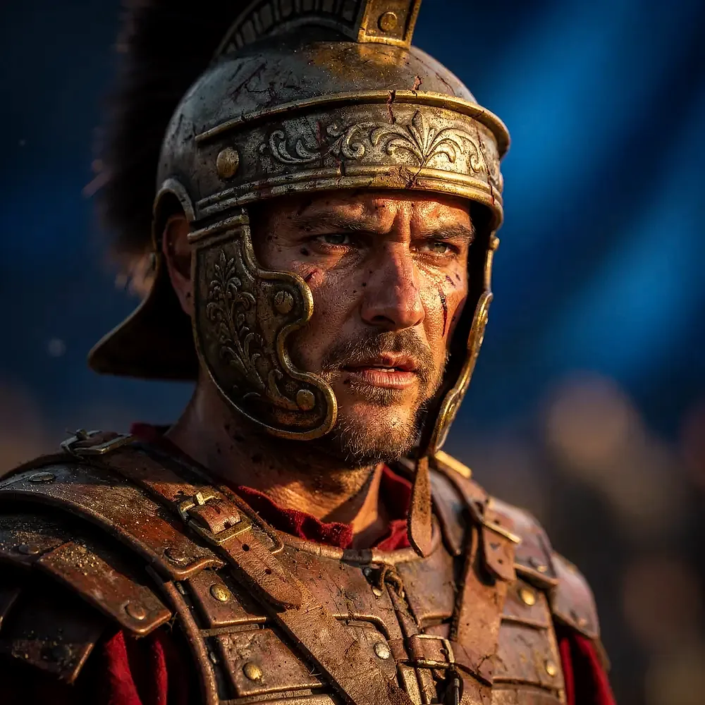A weathered Roman centurion in dusty armour, concept artwork