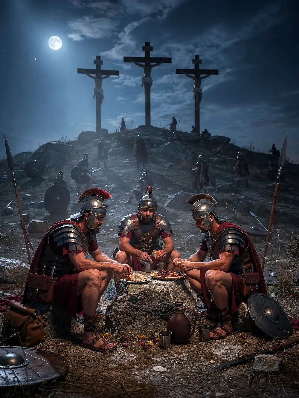 Roman soldiers sharing a meal beneath three crosses by moonlight, concept artwork