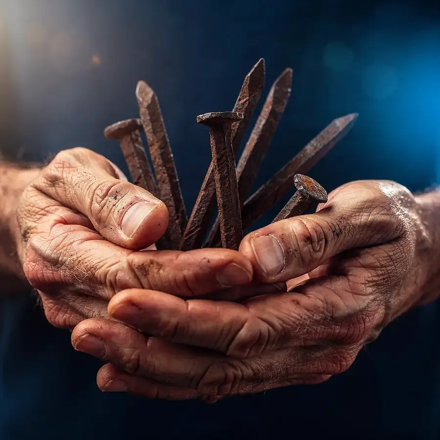 Weathered hands holding ancient iron nails, concept artwork