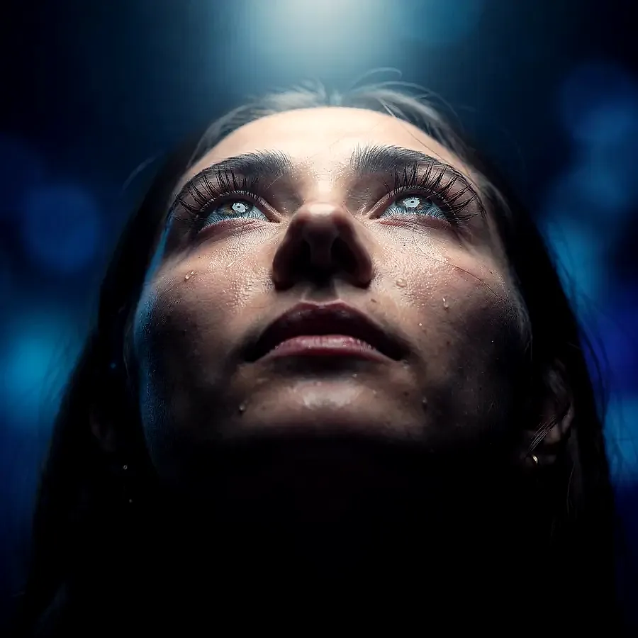 A face lifted upward in contemplation, concept artwork
